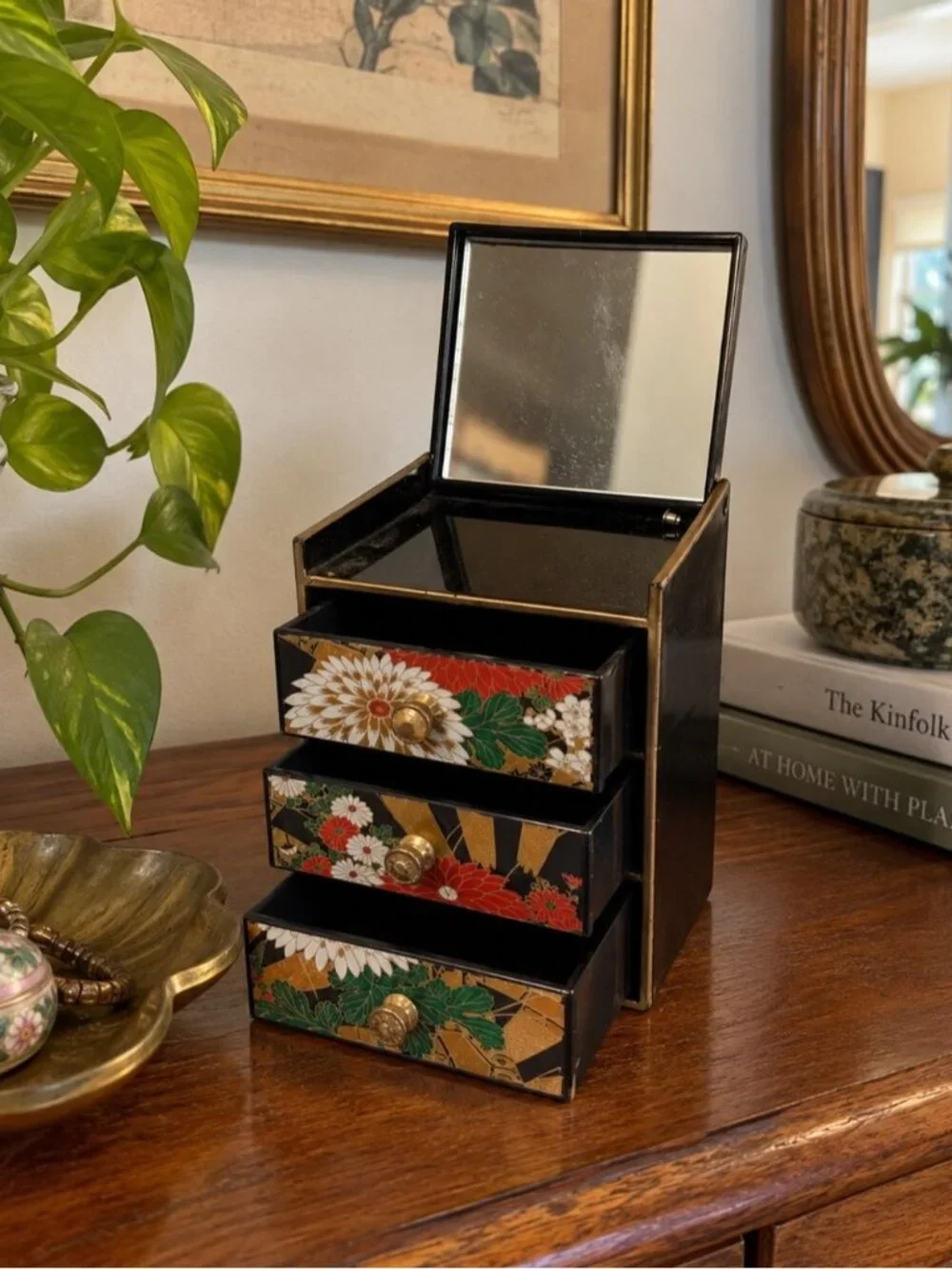 Vintage Japanese Lacquer Jewelry Box Floral Drawer Mirror Vanity Trinket Black